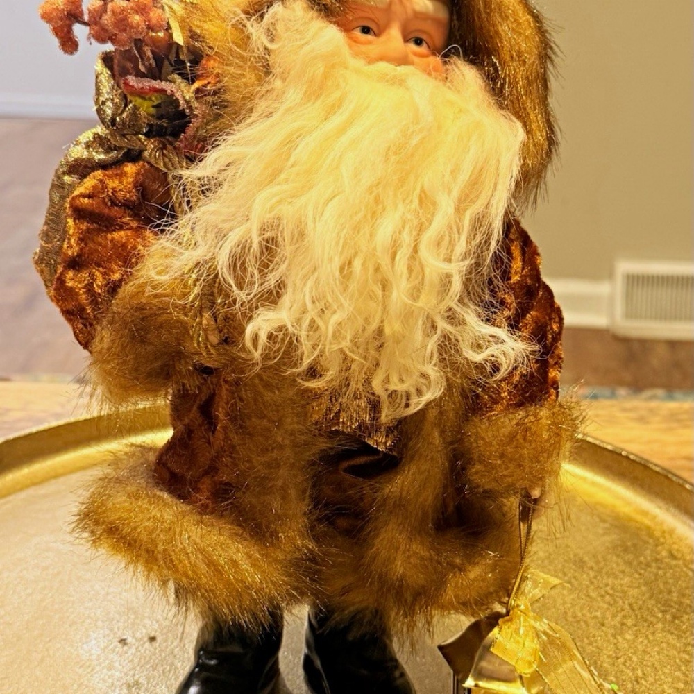Santa Claus Christmas Figurine 13\" Brown Faux Fur Coat Textured 3D Effect